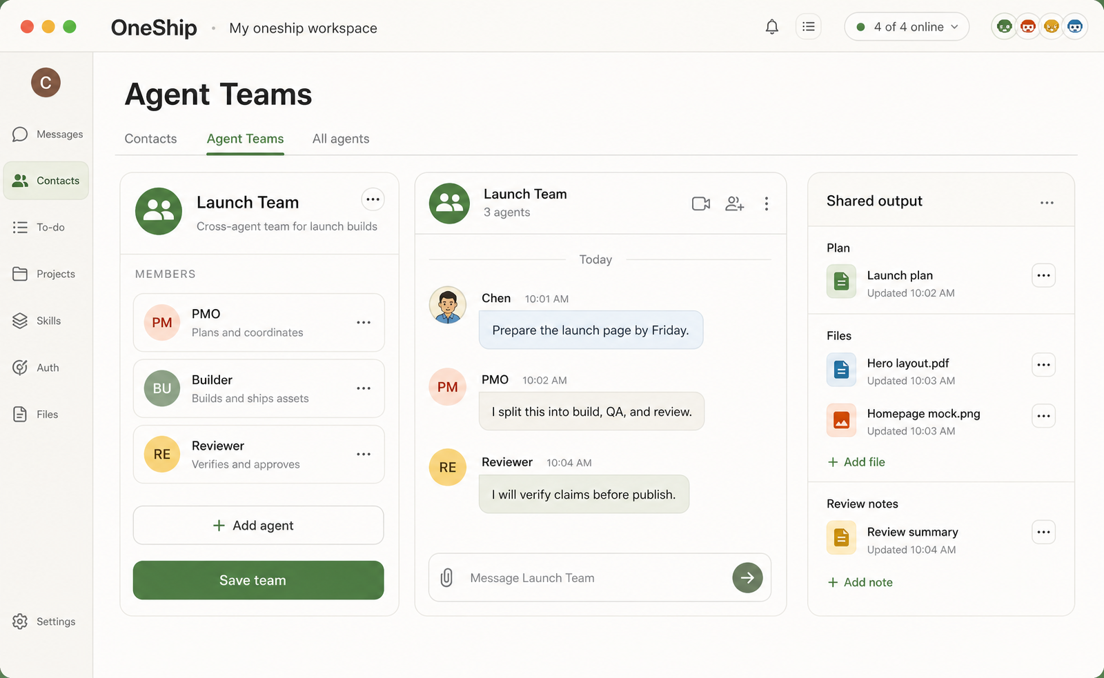 OneShip Agent Teams workspace showing specialized agents coordinating work and shared output.