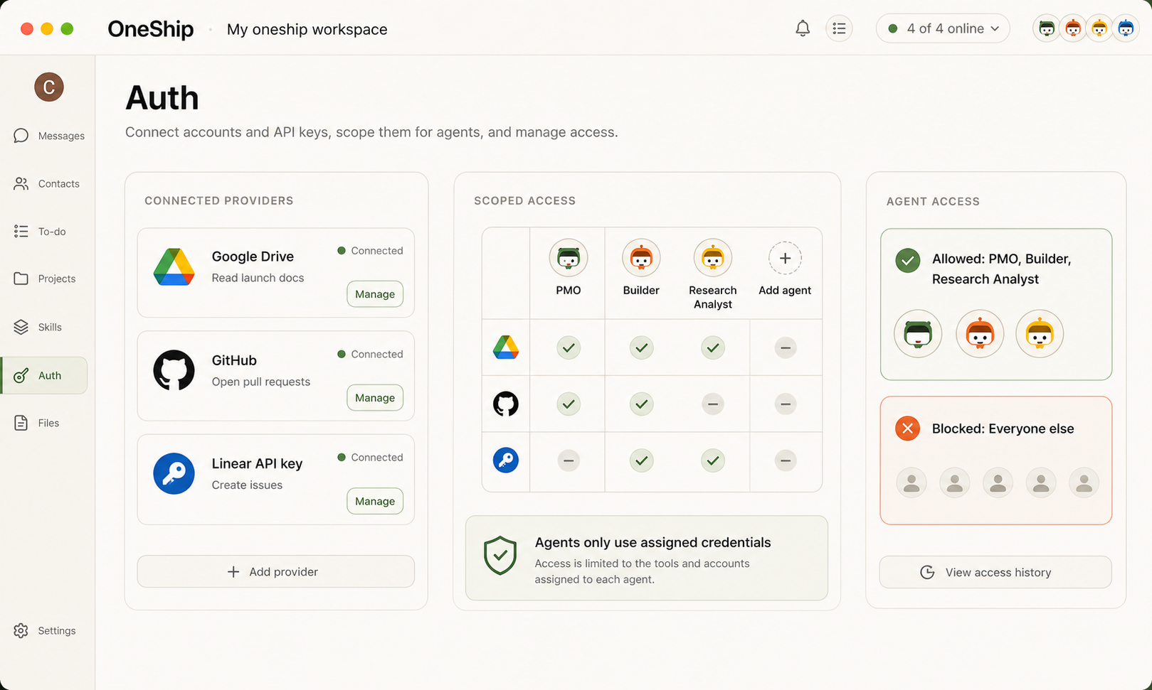 Auth screen showing scoped provider and API-key access for agents.