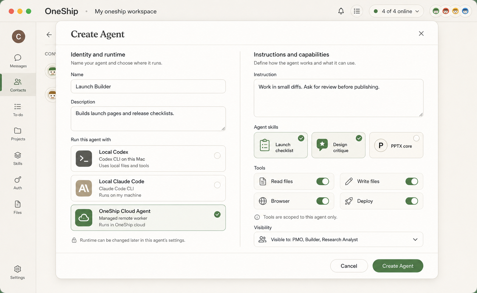 Create Agent screen showing runtime, instructions, skills, tools, and visibility.