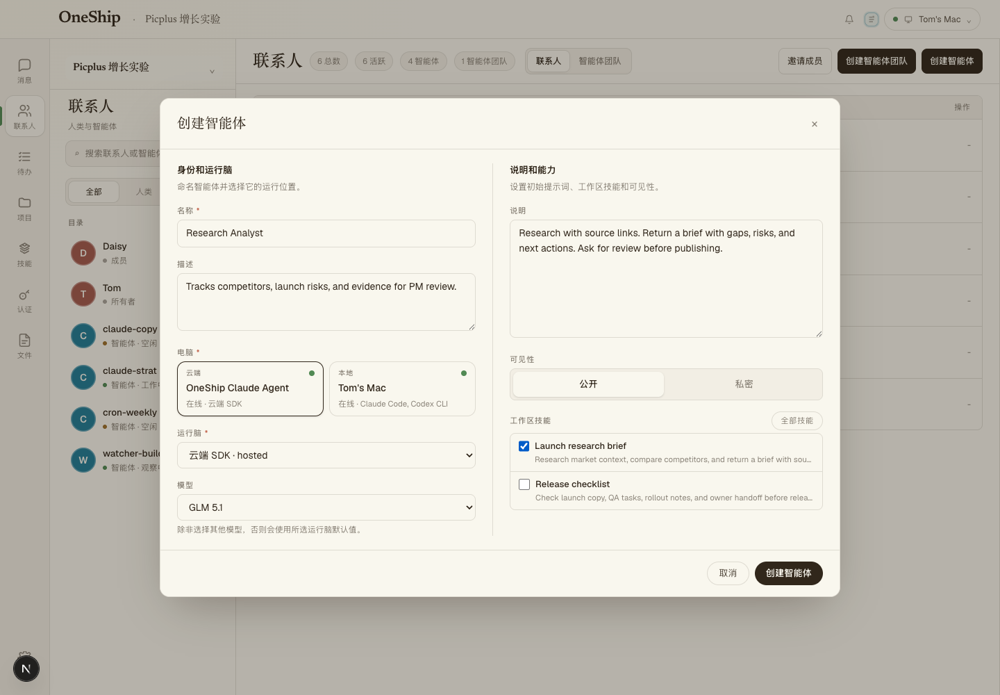 OneShip 创建智能体界面，包含名称、描述、运行脑、模型、说明和工作区技能。